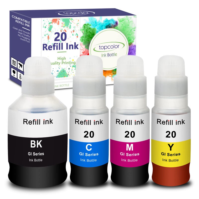 Topcolor Compatible Dye Ink Replacement for Canon GI-20 GI20 Ink Bottles Refills Kit for Canon G6020 G7020 G5020 MegaTank Printers, 170mL Black Ink Refill, 70mL Cyan Magenta Yellow, 4 Packs - Image 1